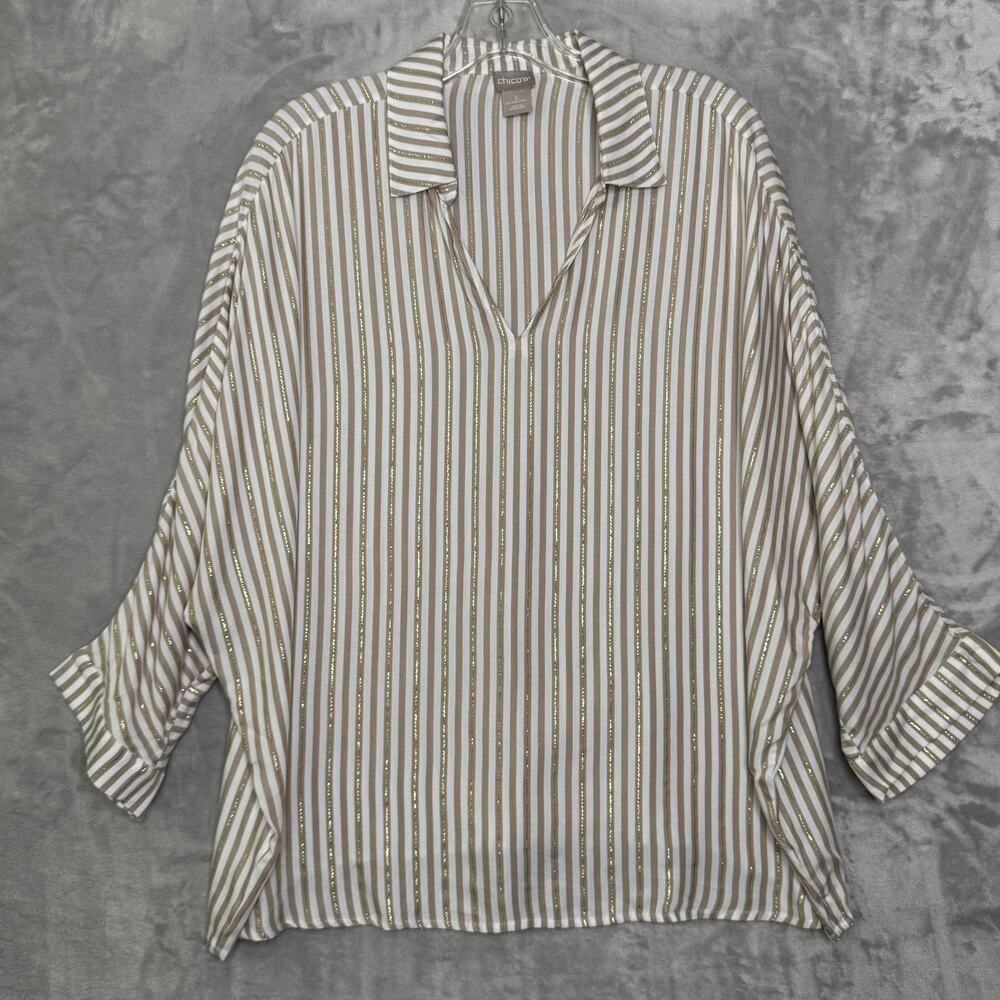 Chicos Shirt Womens Large Brown White Gold Striped Metallic Rayon Top Blouse